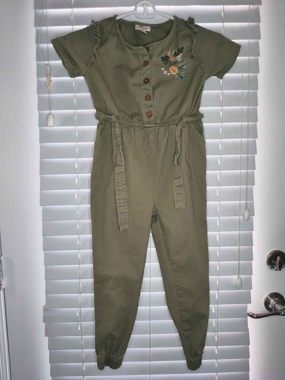 Nanette Lepore Girls Olive Green Utility Jumpsuit Floral Embroidered Size 7 EUC